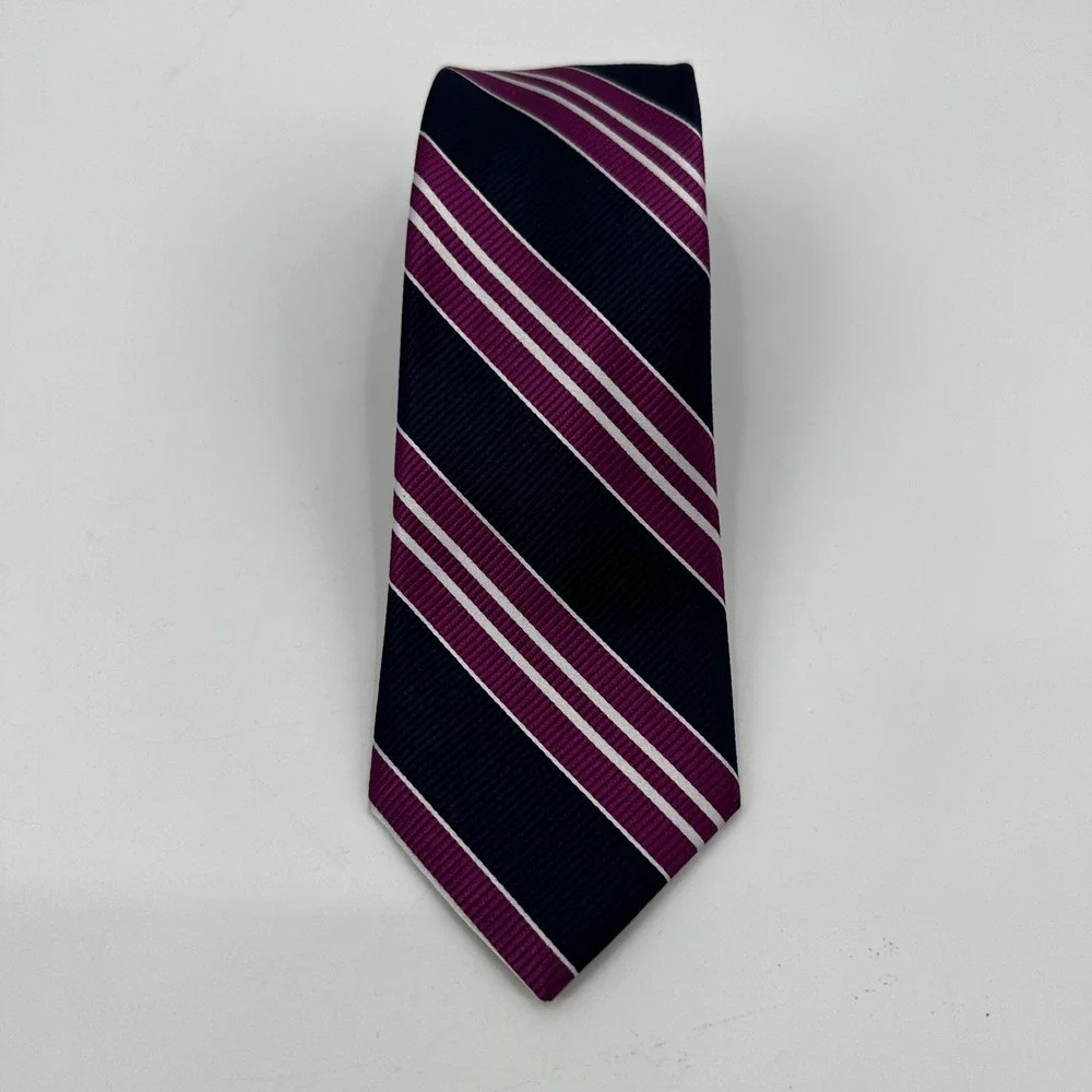 JOS A BANK TRAVELER Navy Purple White Stripe Silk‎ Necktie Mens Stain Resistant